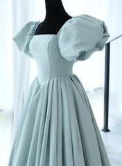 Light Blue Satin Open Back Lopng Prom Dress Outfits For Girls, Blue A-line Wedding Party Dress