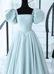 Light Blue Satin Open Back Lopng Prom Dress Outfits For Girls, Blue A-line Wedding Party Dress