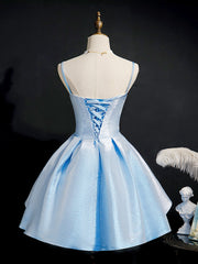 Light Blue Satin Sweetheart Homecoming Dress Outfits For Girls, Blue Short Prom Dress Outfits For Girls, Party Dress