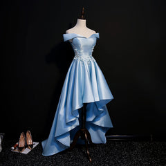 Light Blue Satin with Lace Applique High Low Homecoming Dress Outfits For Girls, Blue Short Off Shoulder Formal Dress