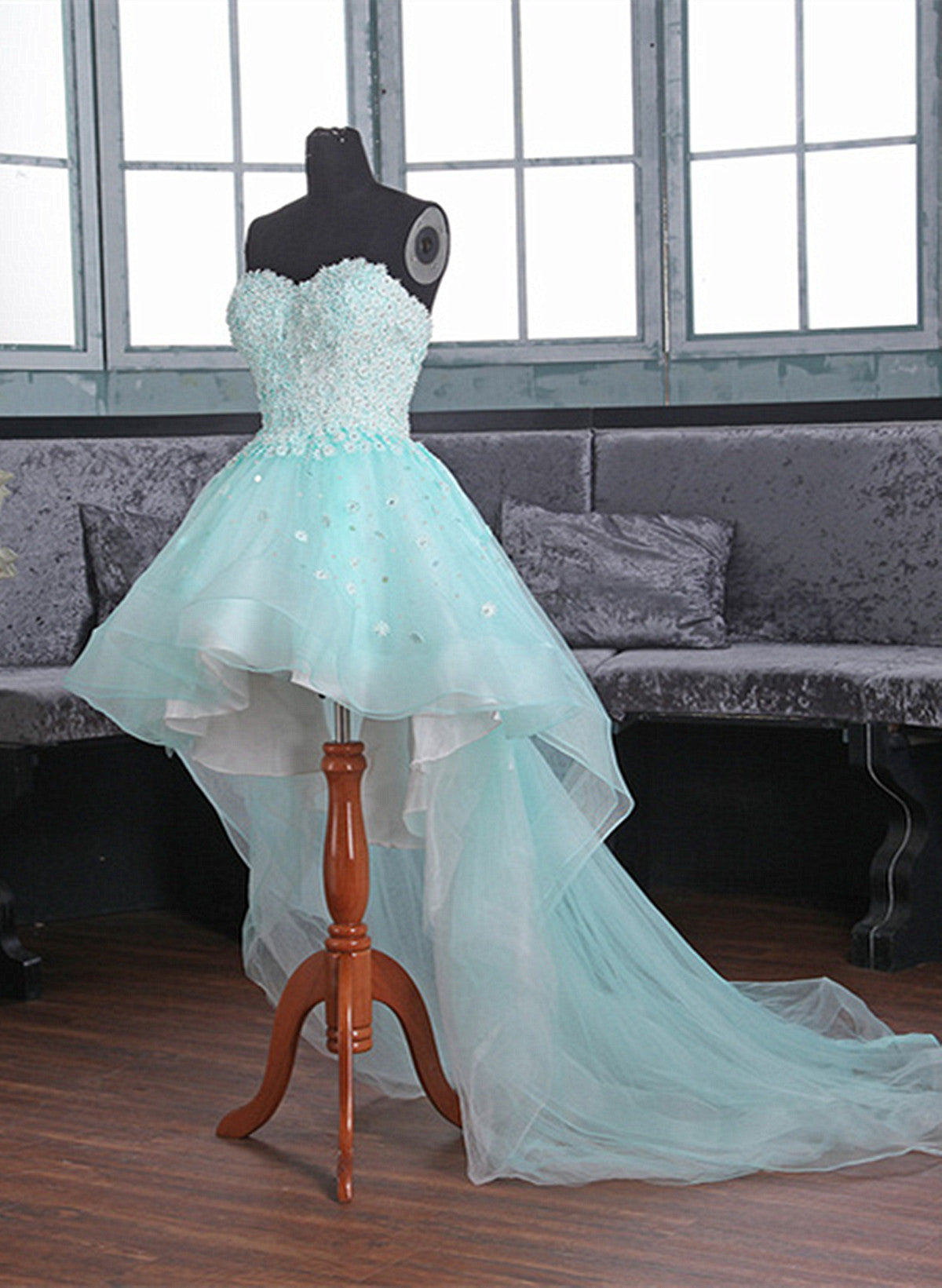 Light Blue Sweetheart Lace Applique High Low Party Dress Outfits For Girls, Blue Homecoming Dress