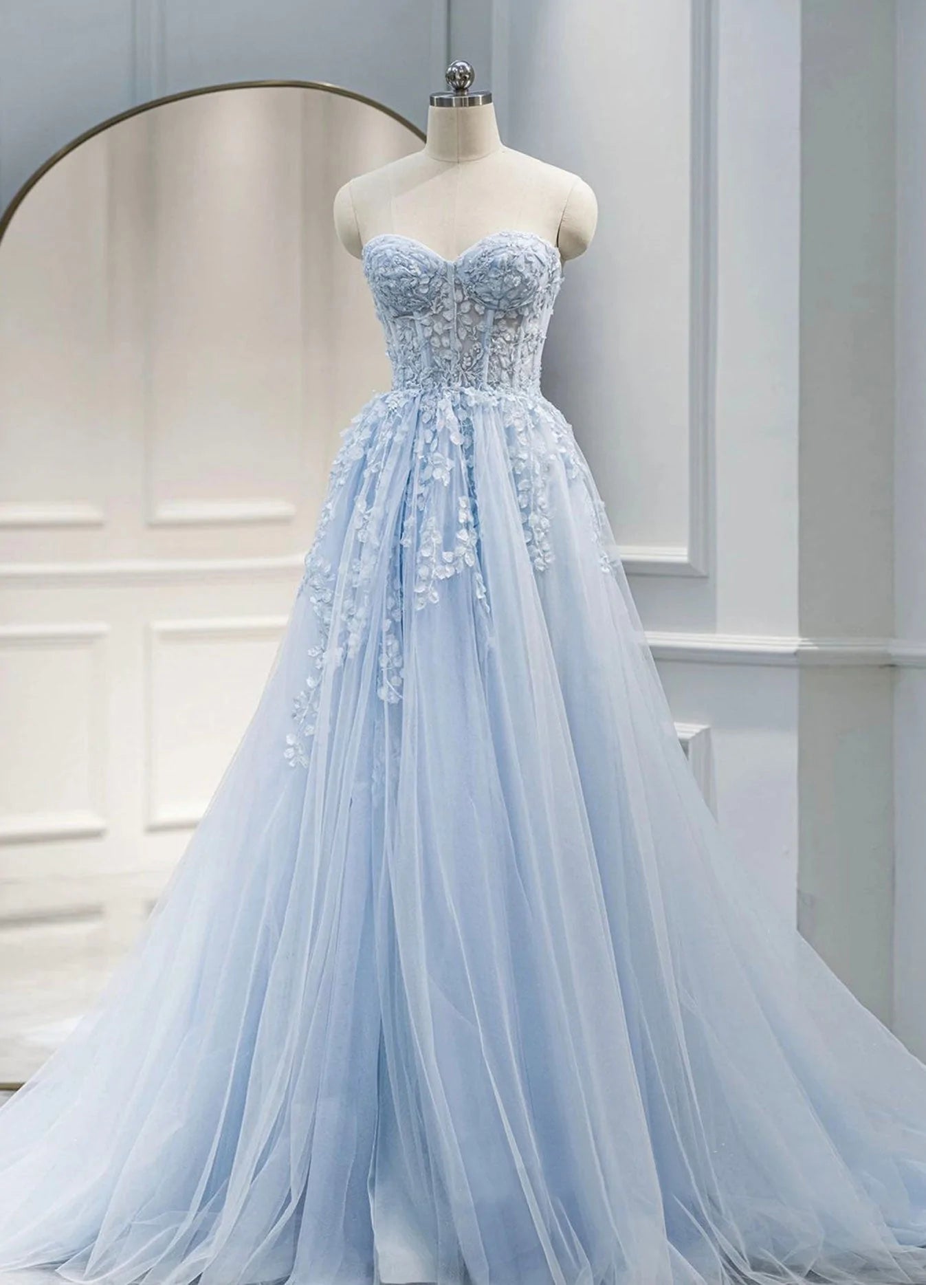 Light Blue Sweetheart Tulle with Lace Long Wedding Party Dress Outfits For Girls, Blue Prom Dress