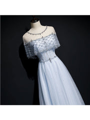Light Blue Tulle A-line Long Party Dress Outfits For Girls, Blue Prom Dresses