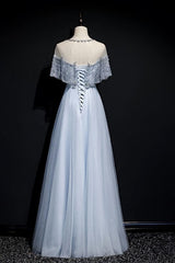 Light Blue Tulle A-line Long Party Dress Outfits For Girls, Blue Prom Dresses