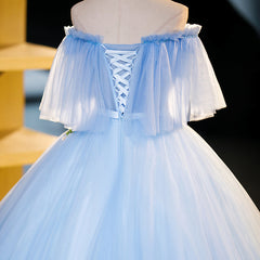 Light Blue Tulle Off Shoulder with Lace Applique Prom Dress Outfits For Girls, Blue Long Party Dress