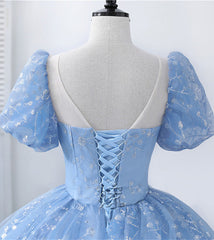 Light Blue Tulle Short Sleeves Long Formal Dress Outfits For Girls, Blue Sweet 16 Dress