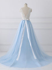 Light Blue Tulle V Back Long Party Dress Outfits For Women with Bow, Blue Evening Dress Outfits For Women Wedding Party Dress