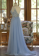 Light Blue Tulle V-neckline Straps with Lace Long Party Dress Outfits For Girls, Blue A-line Prom Dress