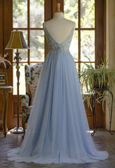 Light Blue Tulle V-neckline Straps with Lace Long Party Dress Outfits For Girls, Blue A-line Prom Dress