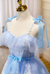 Light Blue Tulle with Lace Knee Length Party Dress Outfits For Girls, Blue Homecoming Dresses