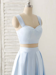 Light Blue Two Pieces Satin Long Prom Dress Outfits For Women Simple Evening Dress