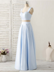 Light Blue Two Pieces Satin Long Prom Dress Outfits For Women Simple Evening Dress
