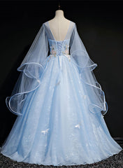Light Blue with Flowers and Butterflies Formal Dress Outfits For Girls, Blue Sweet 16 Dresses