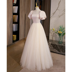 Light Champagne Tulle with Light Pink Satin Prom Dress Outfits For Girls, A-line Long Formal Dress