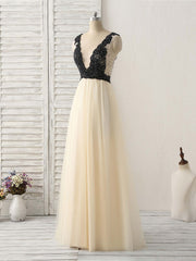 Light Champagne V Neck Beads Tulle Long Prom Dress Outfits For Girls, Champagne Formal Dress