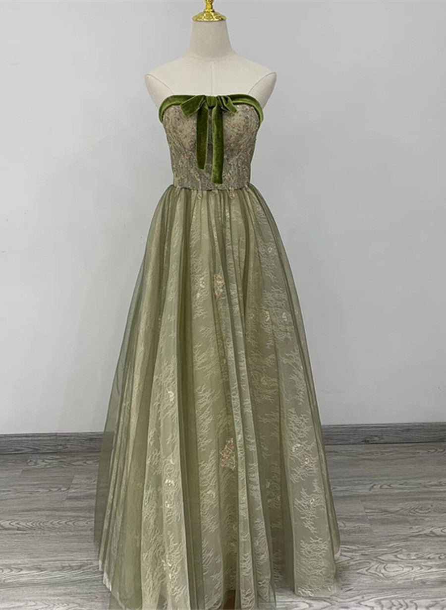 Light Green A-line Sweetheart Long Formal Dress Outfits For Girls, Green Lace Prom Dress