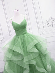 Light Green Layers Tulle Straps Long Formal Dress Outfits For Girls, Light Green Sweet 16 Gown
