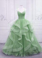 Light Green Layers Tulle Straps Long Formal Dress Outfits For Girls, Light Green Sweet 16 Gown