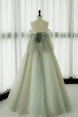 Light Green Off Shoulder Tulle with Lace Long Prom Dress Outfits For Girls, A-line Green Party Dress