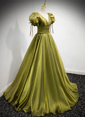 Light Green Short Sleeves Long A-line Prom Dress Outfits For Girls, Green Lace-up Party Dress