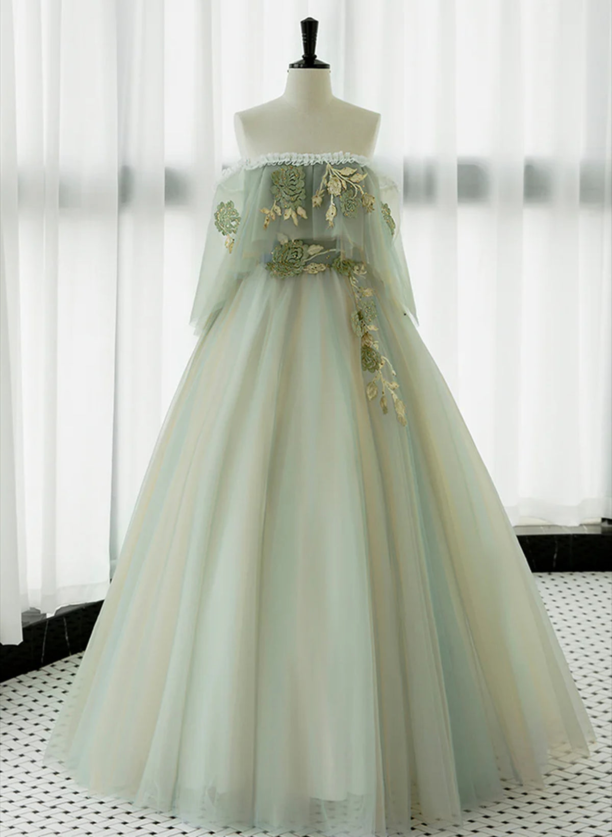 Light Green Strapless A-line Tulle Prom Dress Outfits For Girls,Unique Evening Dresses