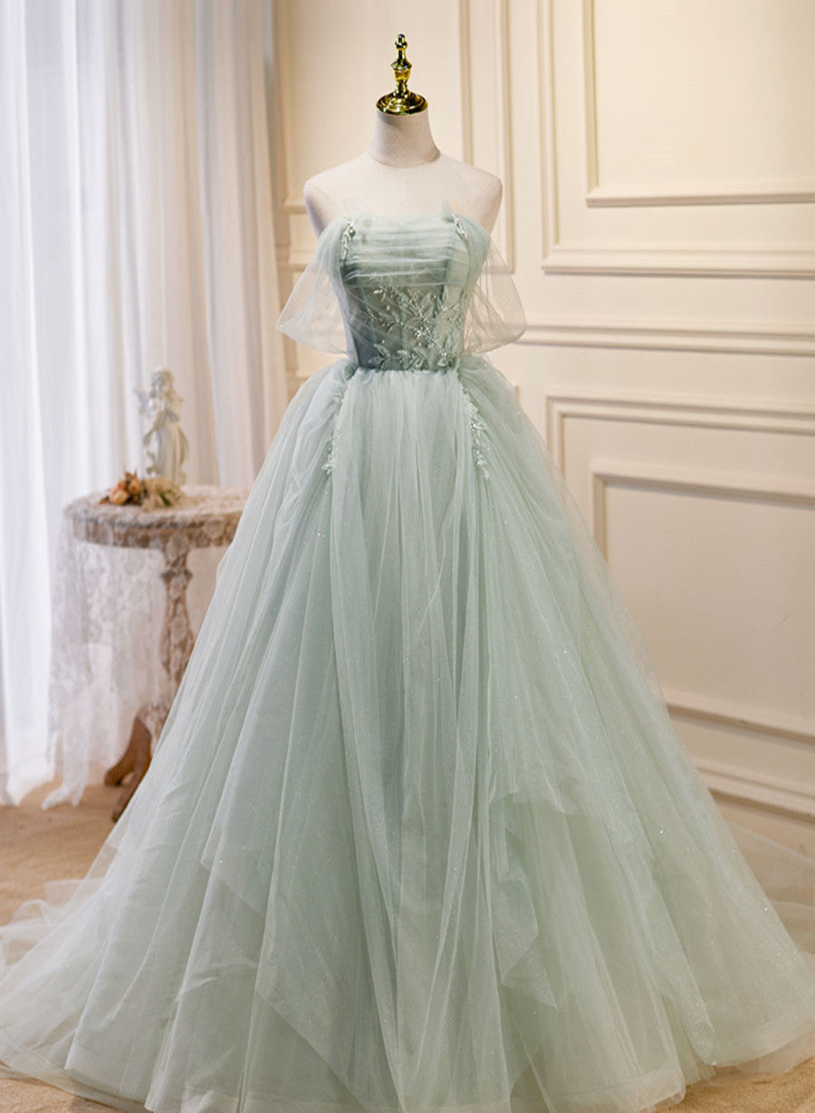 Light Green Tulle Beaded Sweetheart Long Prom Dress Outfits For Girls, A-line Green Formal Dress