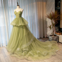 Light Green Tulle Layers Ball Gown Wedding Party Dress Outfits For Girls, Long Evening Dress Outfits For Women Prom Dress