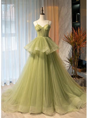 Light Green Tulle Layers Ball Gown Wedding Party Dress Outfits For Girls, Long Evening Dress Outfits For Women Prom Dress