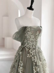 Light Green Tulle Sweetheart A-line Long Party Dress Outfits For Girls, Tulle Off Shoulder Prom Dress