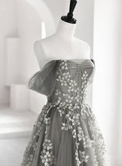Light Grey A-line Tulle Long Formal Dress Outfits For Girls, Grey Tulle with Lace Applique Party Dress