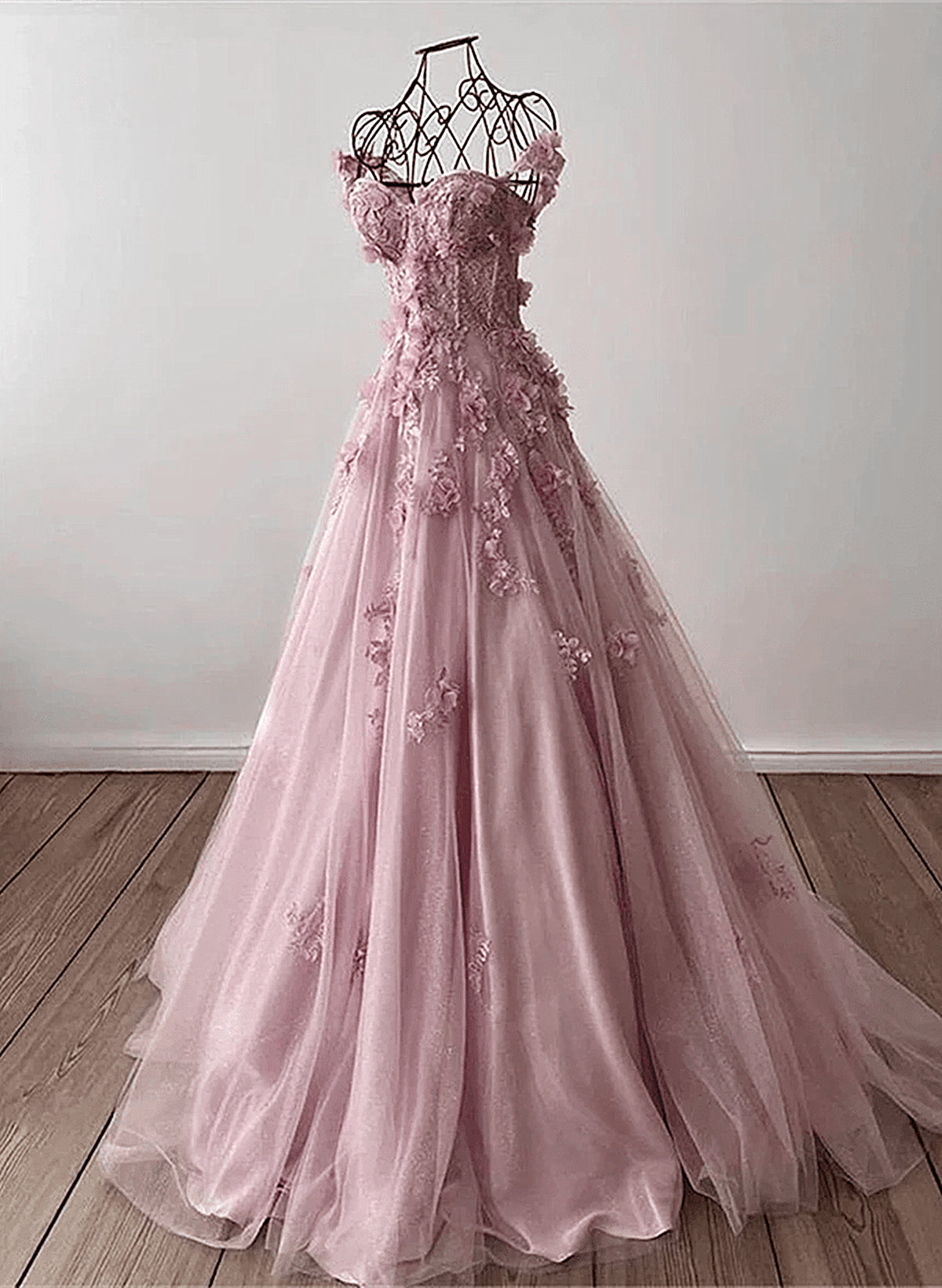 Light Pink Off Shoulder Tulle Floral Party Dress Outfits For Girls, A-line Pink Tulle Prom Dress Outfits For Women Evening Dress