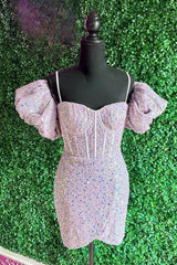 Light Pink Puff Sleeves Sequins Sheath Homecoming Dress Outfits For Women Cocktail