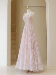 Light Pink Round Neckline Lace Long Prom Dress Outfits For Girls, A-line Pink Floor Length Party Dress