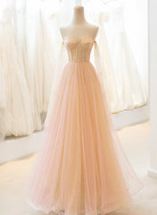 Light Pink Tulle Sweetheart Long Prom Dress Outfits For Girls, Pink Tulle Formal Dress