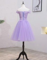 Light Purple Lace And Tulle Off The Shoulder Homecoming Dress Outfits For Girls, Short Party Dress