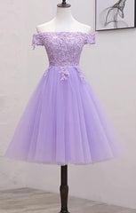 Light Purple Lace And Tulle Off The Shoulder Homecoming Dress Outfits For Girls, Short Party Dress
