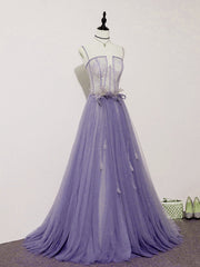 Light Purple Lace Top and Tulle A-line Straps Evening Dress Outfits For Women Formal Dress Outfits For Girls, Purple Prom Dress