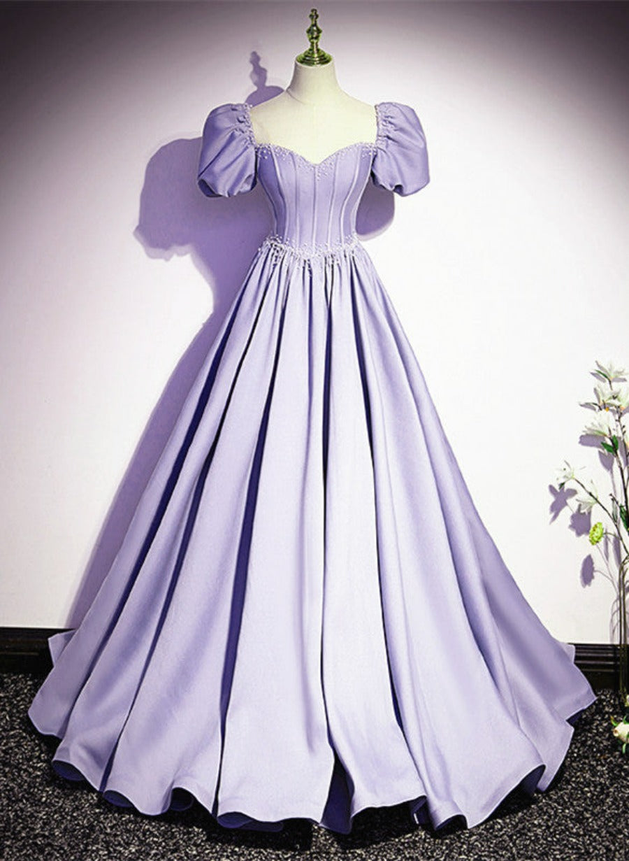 Light Purple Satin Short Sleeves Beaded Party Dress Outfits For Girls, A-line Long Prom Dress