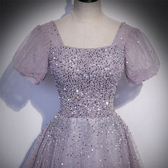 Light Purple Sequins Short Sleeves Party Dress Outfits For Girls, Purple Formal Dresses