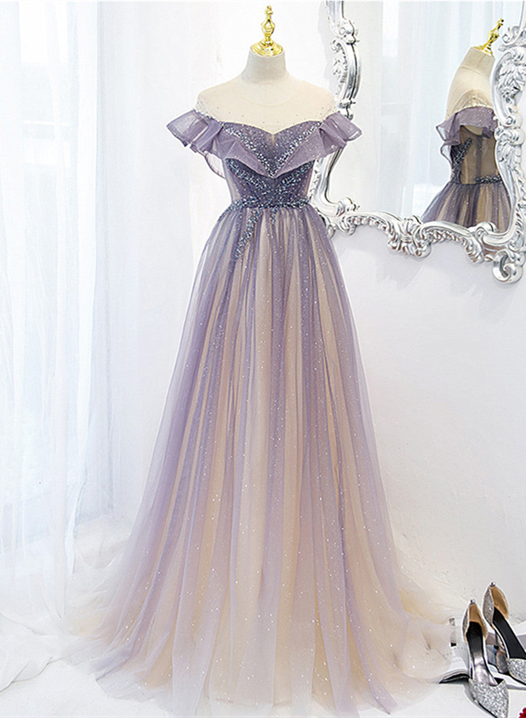 Light Purple Shiny Tulle Gradient A-line Sweetheart Prom Dress Outfits For Girls, Long Tulle Formal Dress