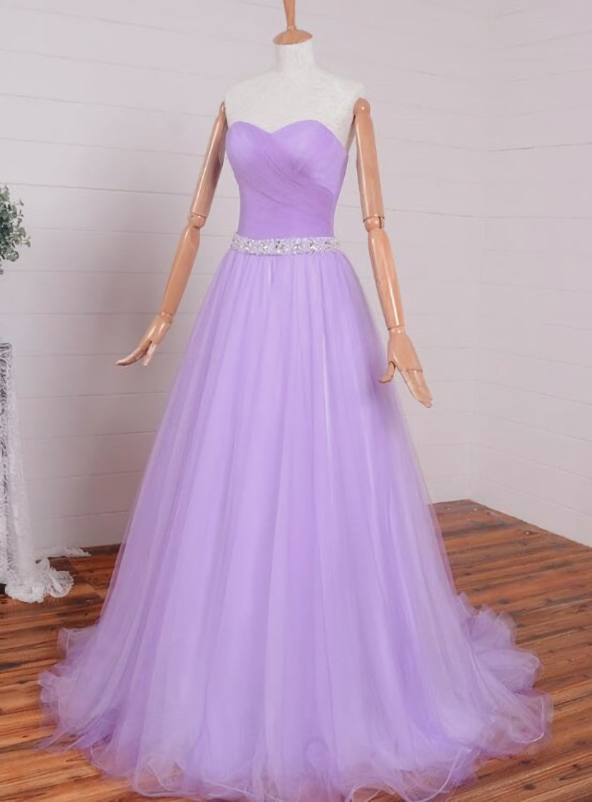 Light Purple Sweetheart Simple Beaded Waist Long Party Dress Outfits For Girls, Tulle Evening Gown Prom Dress