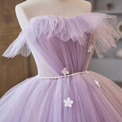 Light Purple Tulle Ball Gown Long Sweet 16 Dress Outfits For Girls, Off Shoulder Light Purple Formal Dress