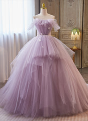 Light Purple Tulle Ball Gown Long Sweet 16 Dress Outfits For Girls, Off Shoulder Light Purple Formal Dress