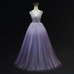 Light Purple Tulle Gradient Lace Applique Formal Dress Outfits For Girls, Long Prom Dress