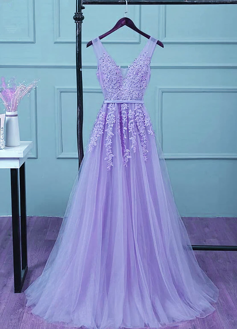 Light Purple Tulle Long Party Dress Outfits For Women , A-line Bridesmaid Dress