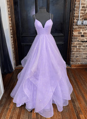 Light Purple Tulle Straps Long Formal Dress Outfits For Girls, A-line Purple Prom Dress
