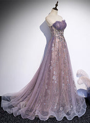 Light Purple Tulle with Lace A-line Floor Length Party Dress Outfits For Girls, Light Purple Evening Dress