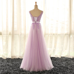 Light Purple V-neckline Long Formal Dress Outfits For Girls, Tulle Lace Applique Bridesmaid Dress