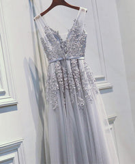 Light Sliver Grey Lace Applique V-neckline Long Party Dress Outfits For Girls, Light Grey Wedding Party Dress