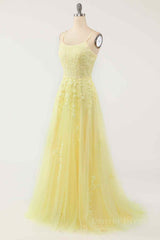 Light Yellow A-line Scoop Neckline Embroidered Tulle Long Prom Dress